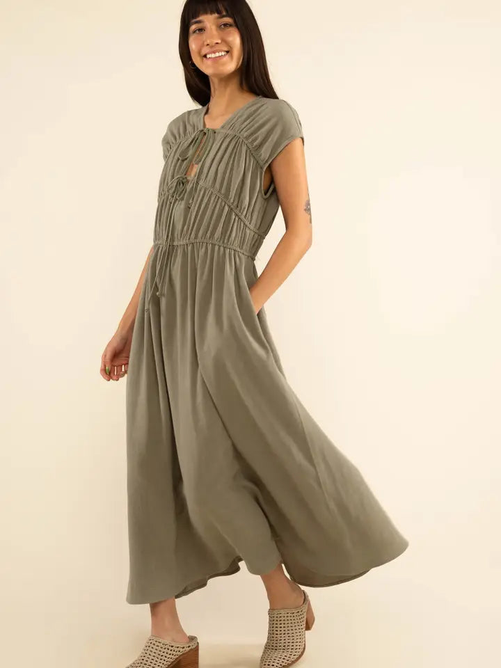 The Carly Ruched Tie Front Maxi Dress | Dark Sage |