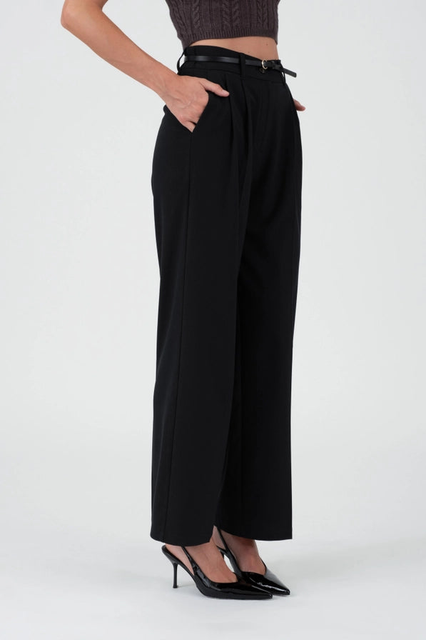 The Ava High-Waisted Pleated Wide Legged Pants | Black |