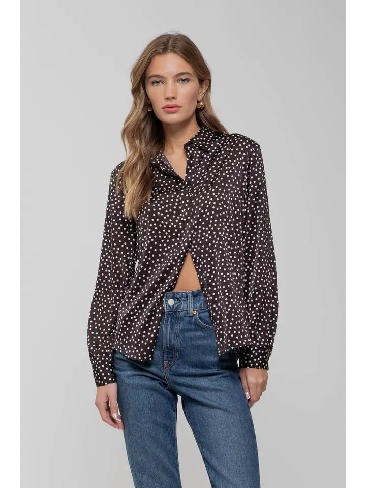 The Wren Polka Dot Button Down Top | Black |