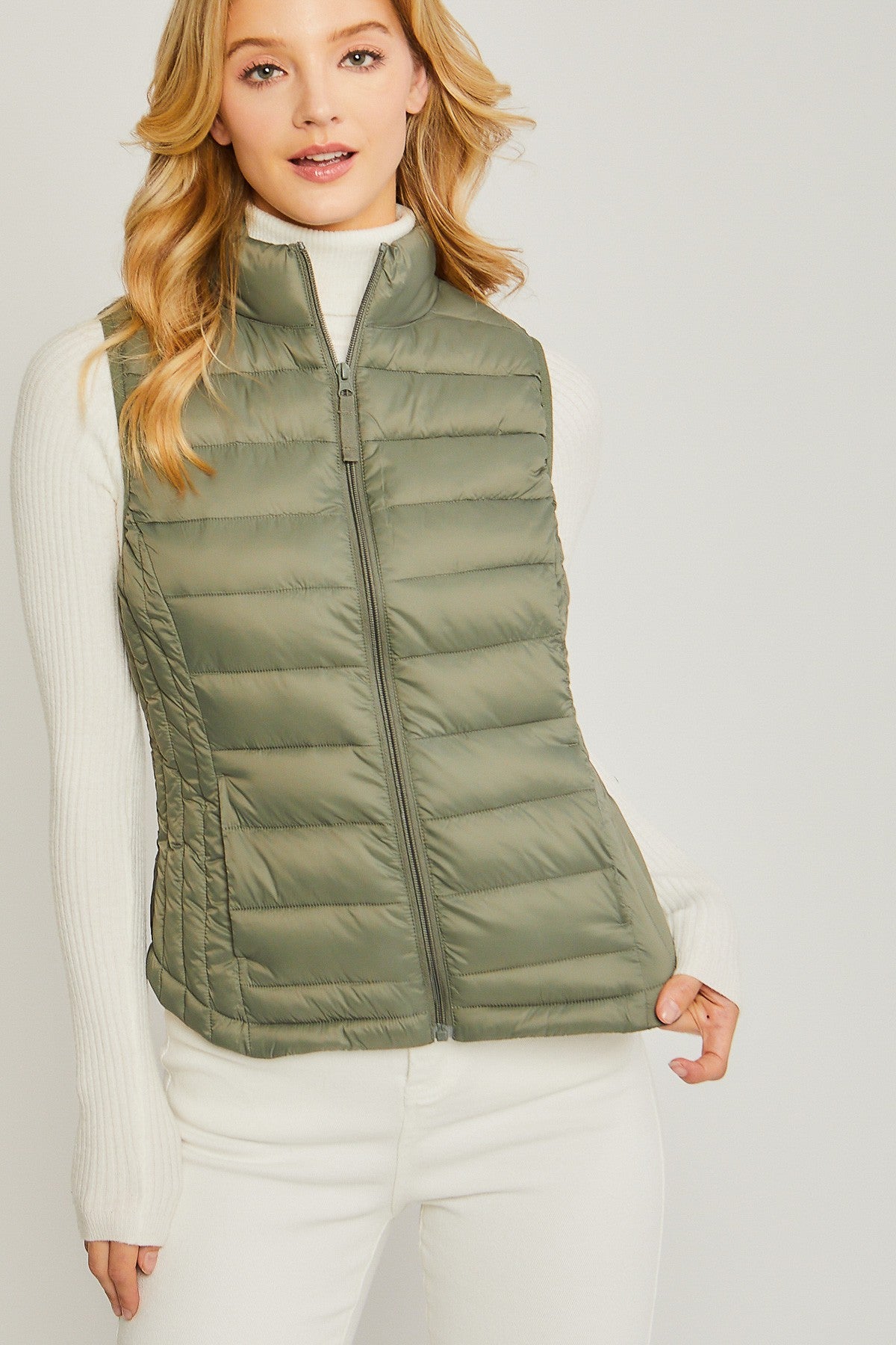 FITTED HOODED PUFFER VEST - taupe brown