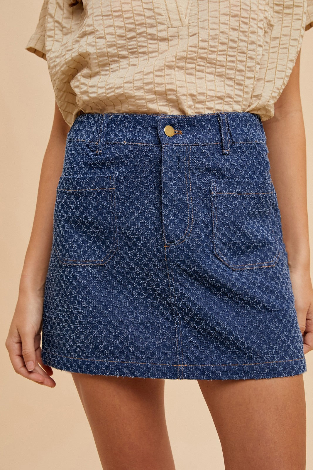 The Annie Tweed Textured Denim Mini Skirt | Dark Blue |