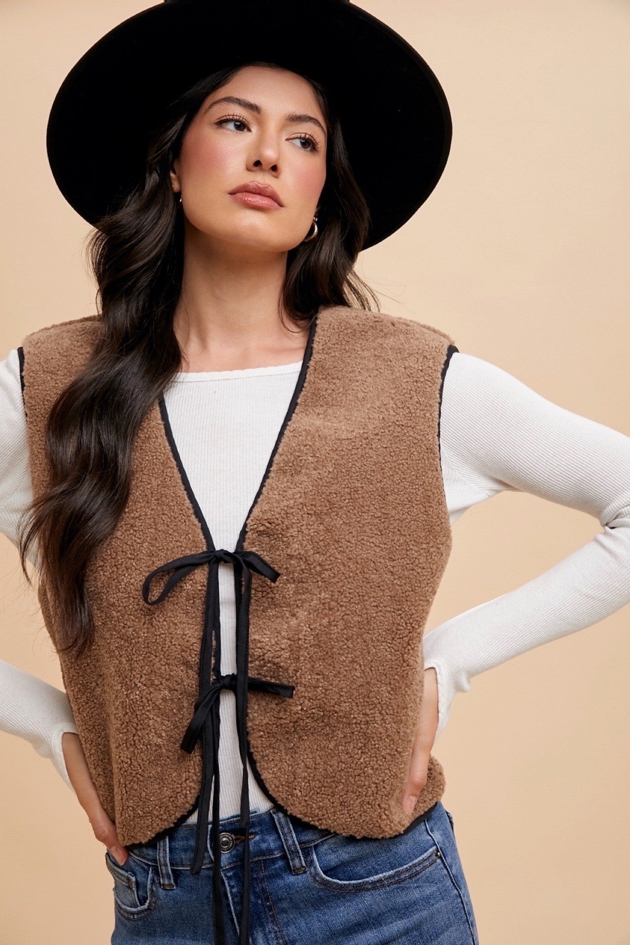 The Caris Bow Tie Fleece Vest | Mocha |