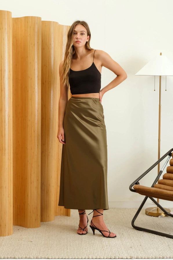 The Heather Satin Slip Midi Skirt | Olive |