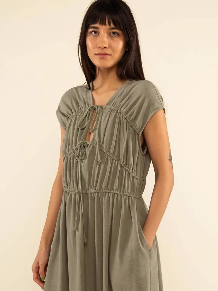 The Carly Ruched Tie Front Maxi Dress | Dark Sage |