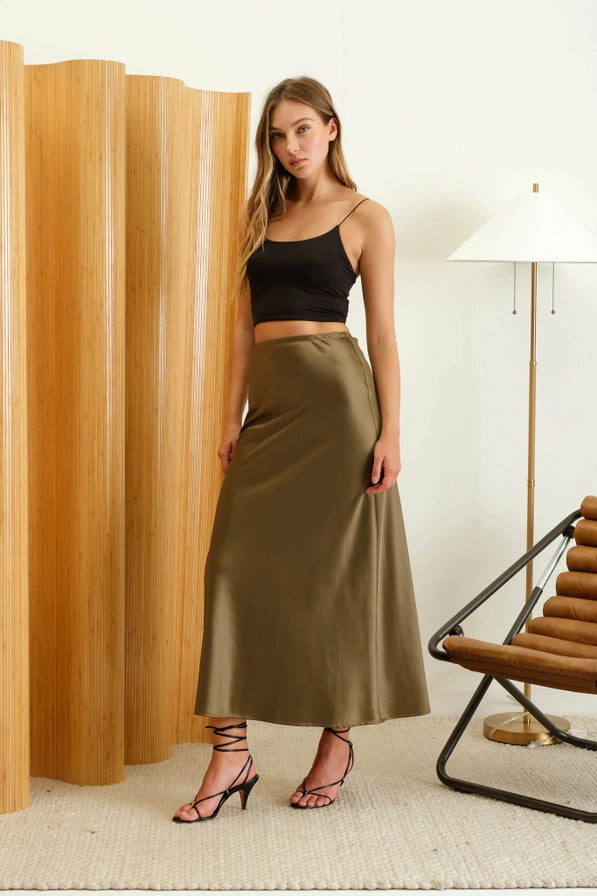 The Heather Satin Slip Midi Skirt | Olive |