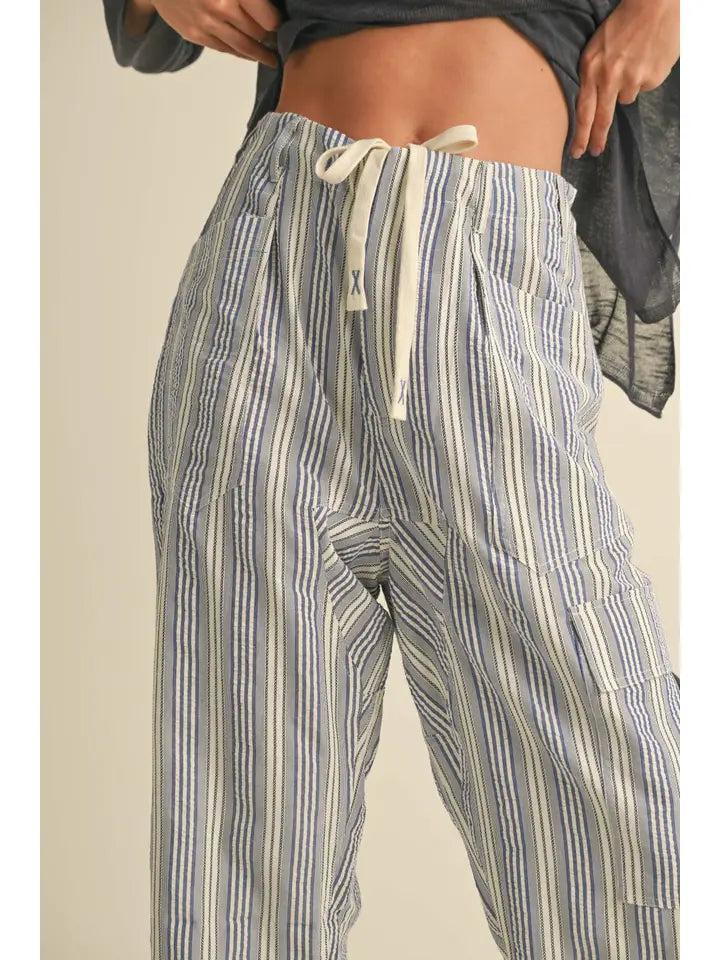 The Hannah Relaxed Drawstring Striped Pants | Blue |